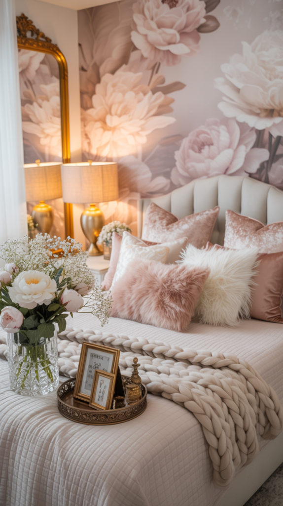 Girly bedroom with floral wallpaper accent wall, blush bedding, gold accents, and soft romantic lighting.