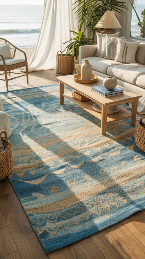 Coastal boho rug in soft blue and beige tones in a bright living room with linen sofa, wood furniture, and plants.