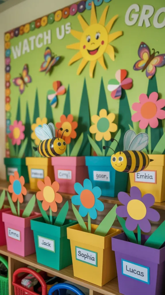 Bright Watch Us Grow spring wall decoration in a kindergarten classroom symbolizing student growth and learning.