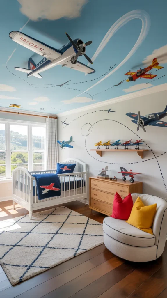 Airplane-themed baby boy nursery with runway wall mural, flying planes, blue walls, and playful aviation decor.