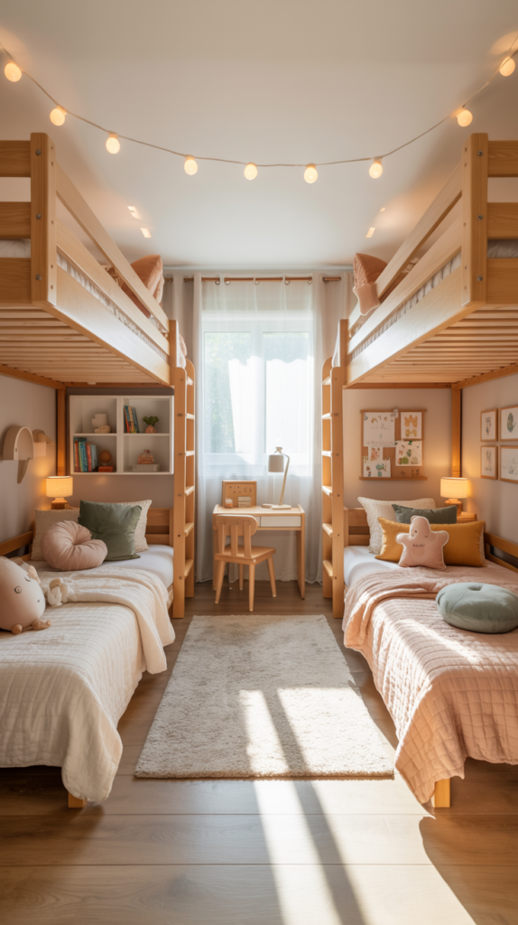 Shared kids bedroom with twin loft beds, cozy reading nooks, and warm, functional design.