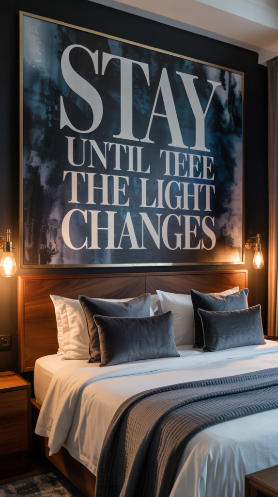 Oversized dramatic typography wall art above a bed in a moody, luxury hotel-style bedroom.