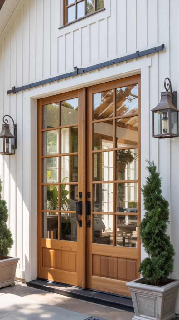 Modern farmhouse glass and wood double front doors with grid panes and bright open-concept entry.