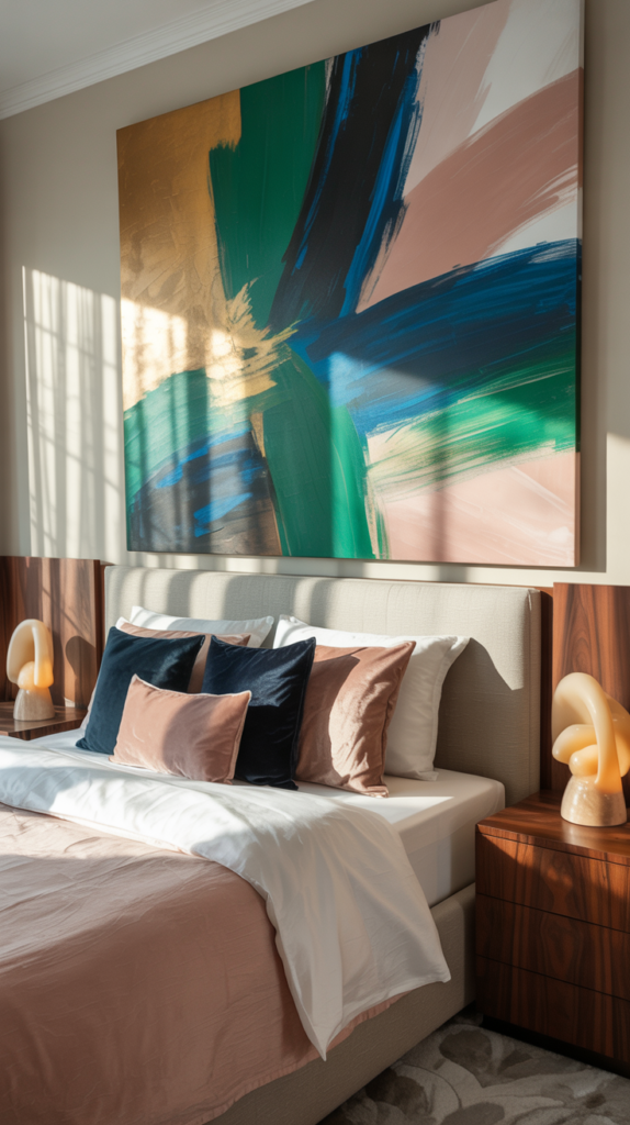 Colorful oversized abstract wall art above a stylish upholstered bed in a refined, upper-middle-class bedroom.