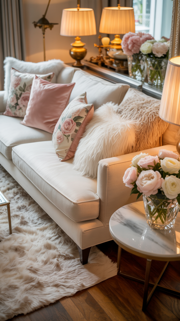 Layered blush, floral, and faux fur throw pillows on a sofa in a cozy, feminine girly apartment.