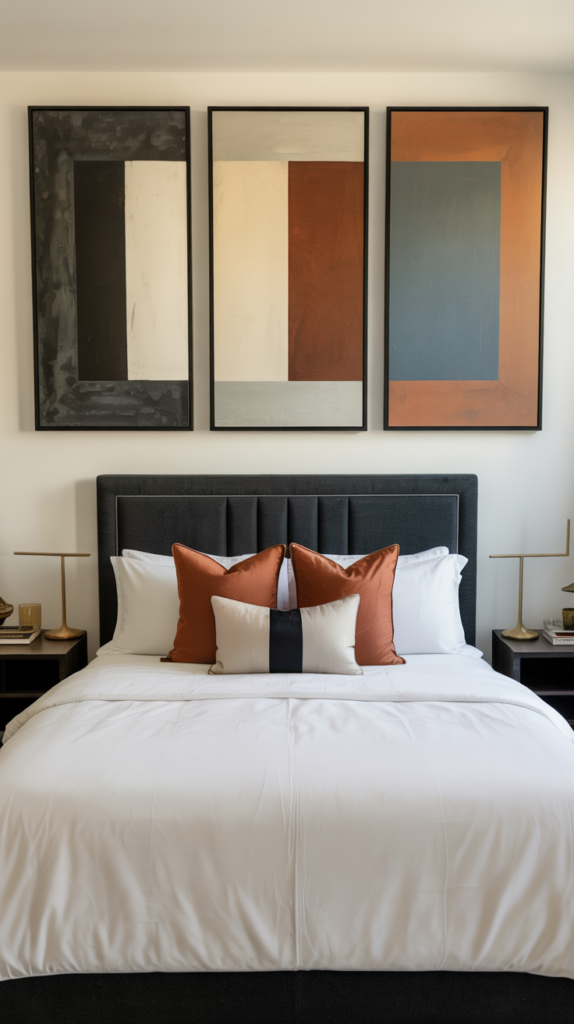 Three-panel modern geometric wall art above a bed in a sleek, upper-middle-class bedroom.