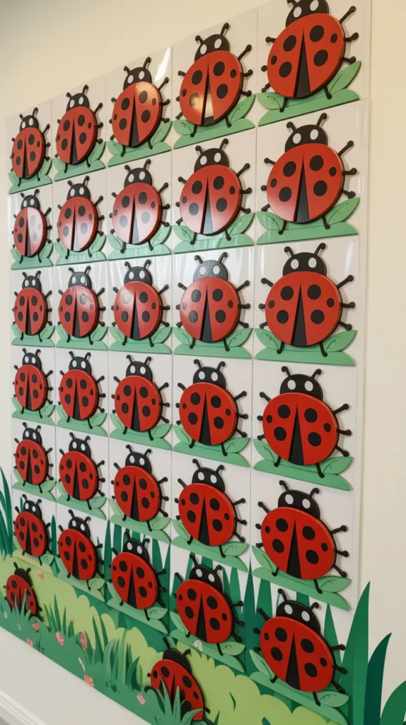 Ladybug counting wall decoration in a kindergarten classroom using bright colors to support early math skills.