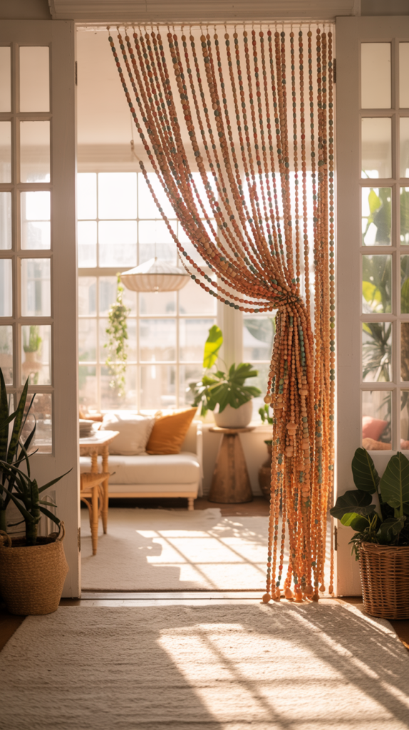 Boho beaded curtain in warm earthy colors hanging in a sunlit doorway