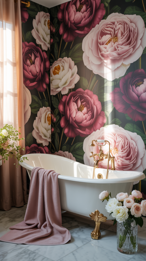 Floral garden bathroom with rose wallpaper, gold accents, and soft pink decor in a romantic girly space.