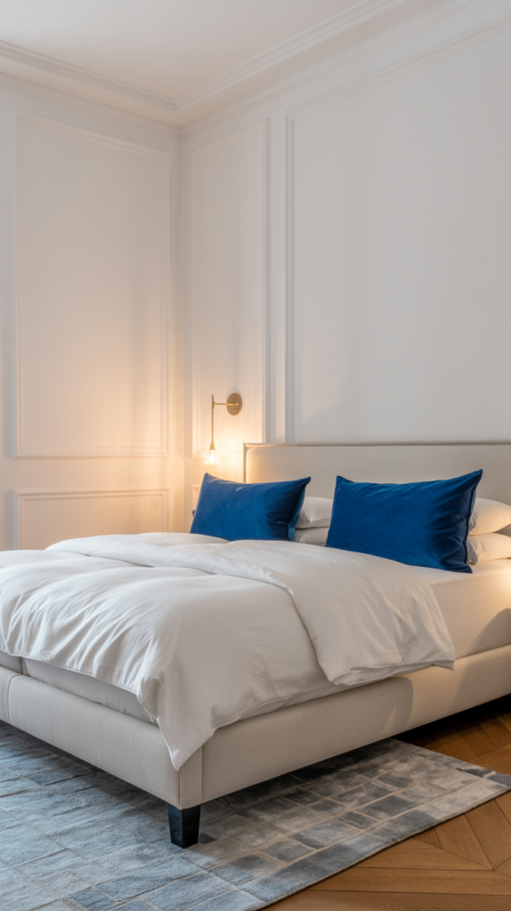 Minimalist Parisian bedroom with blue accent pillows and modern French style.