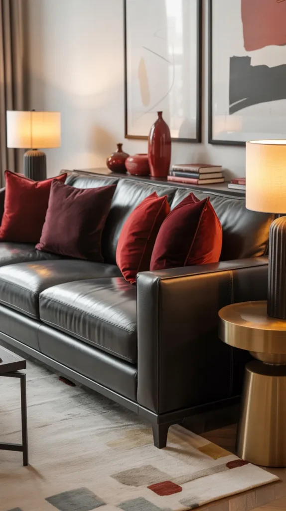 Grey leather sofa styled with dark red accent pillows in a modern red and grey living room with warm lighting and refined decor.
