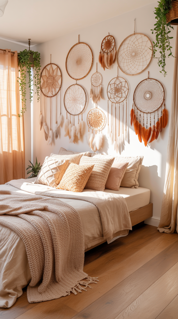 modern boho bedroom with a wall of handmade dream catchers in warm earthy tones