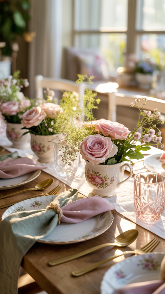 Vintage teacups filled with flowers arranged as a spring table centerpiece on a beautifully decorated dining table.