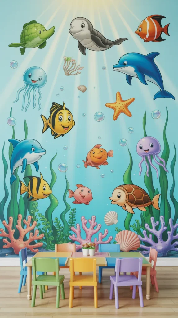 Ocean life spring wall decoration in a kindergarten classroom featuring colorful sea animals and bright underwater visuals.