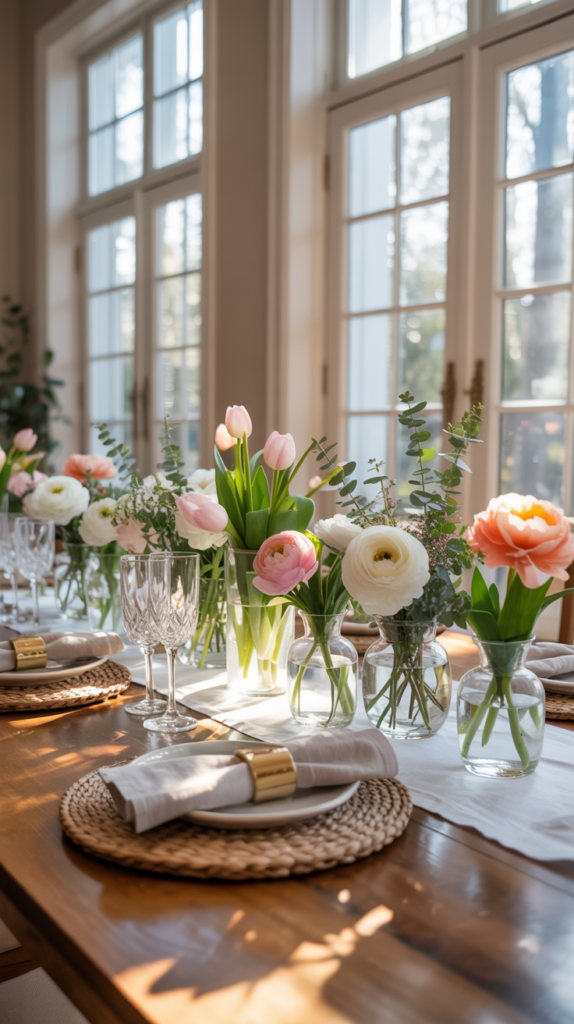 Luxury spring dining table with a flowing flower runner of tulips and peonies styled in an elegant upper-middle-class home.