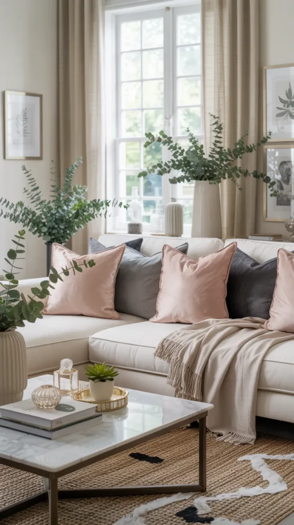 Elegant upper-middle-class living room with blush pink, ivory, eucalyptus, and dove grey spring tones.