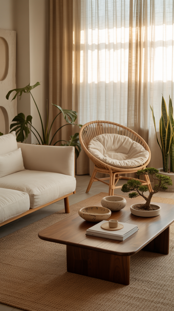 Low Japanese sofa styled with a sculptural papasan chair in a calm, minimalist living room.