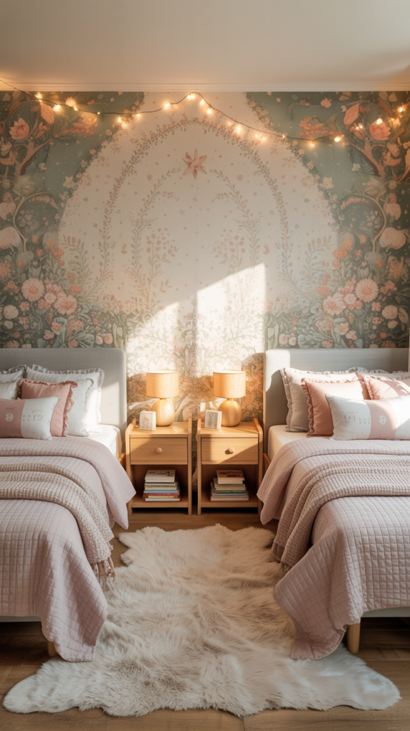 Shared kids bedroom with whimsical wallpaper, cozy bedding, and a soft, storybook-style design.