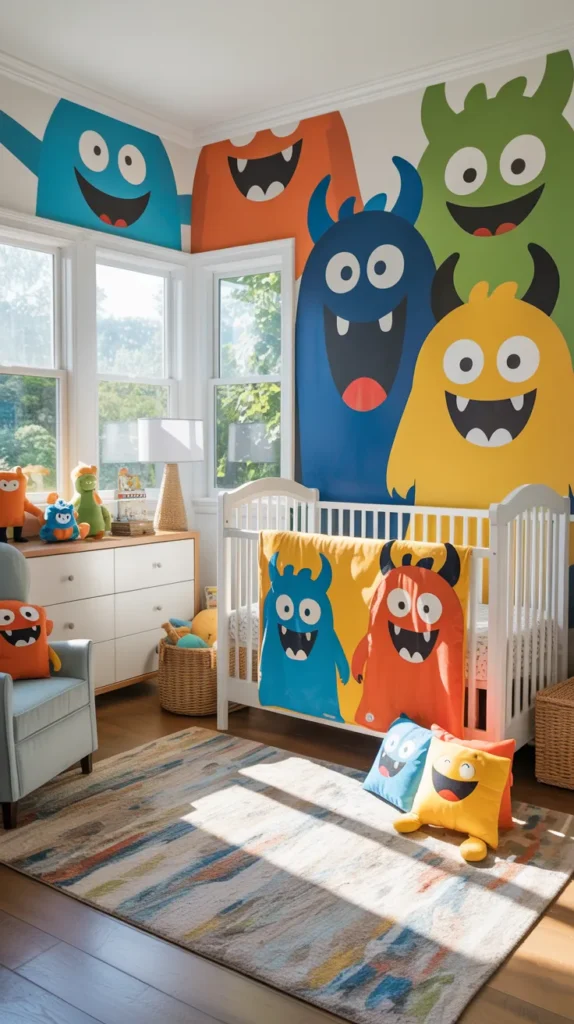Gentle monster baby boy nursery with colorful illustrated monsters, playful wall art, and a bright, creative design.