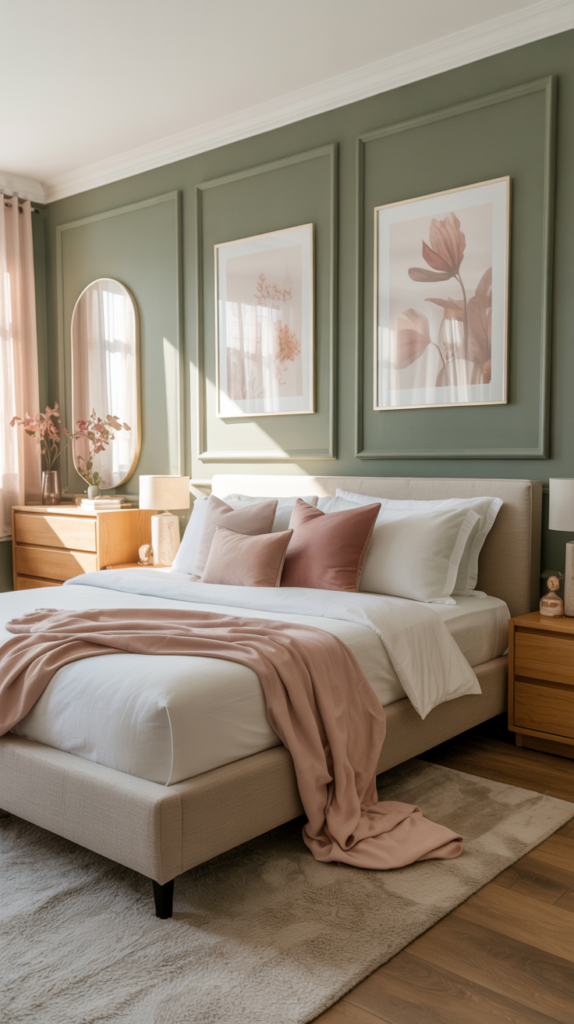 Pink art prints on sage green walls in a modern, upper-middle-class bedroom.