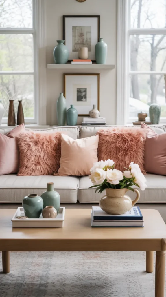 Bright upper-middle-class living room styled with dusty rose, creamy peach, and minty teal spring colors.