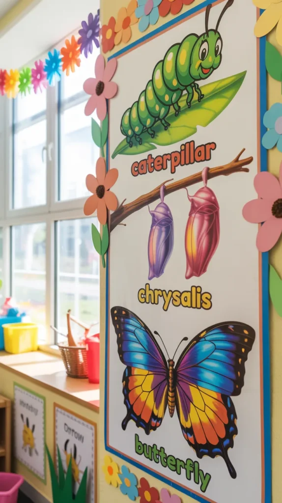 Bright butterfly life cycle wall decoration for kindergarten classrooms combining spring decor and science learning.
