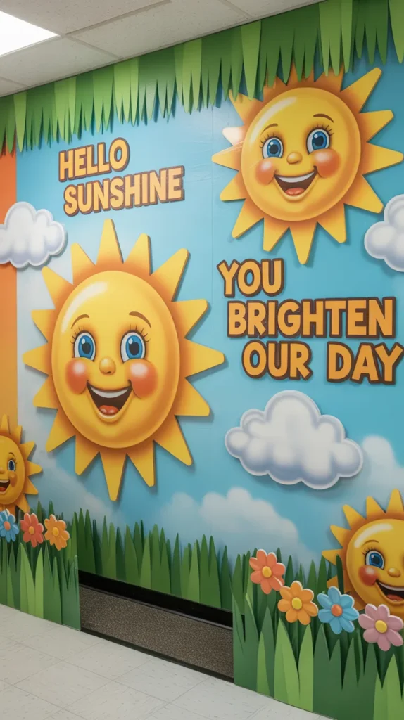 Spring sunshine welcome wall in a kindergarten classroom featuring smiling suns and cheerful greeting messages.