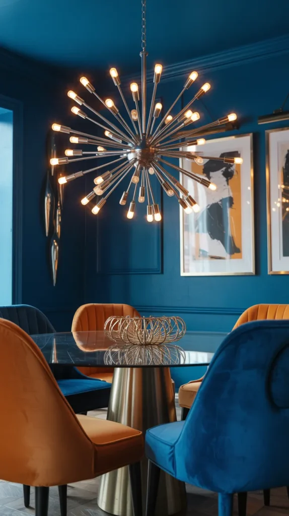Luxury dining room with polished nickel Sputnik chandelier, midnight blue walls, colorful upholstered chairs, and modern upscale styling.