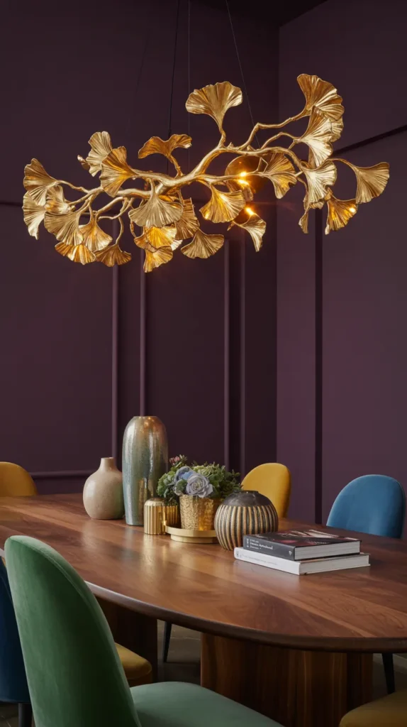 Luxury dining room with gold leaf chandelier, rich wall colors, jewel-tone seating, and an artistic modern upscale atmosphere.