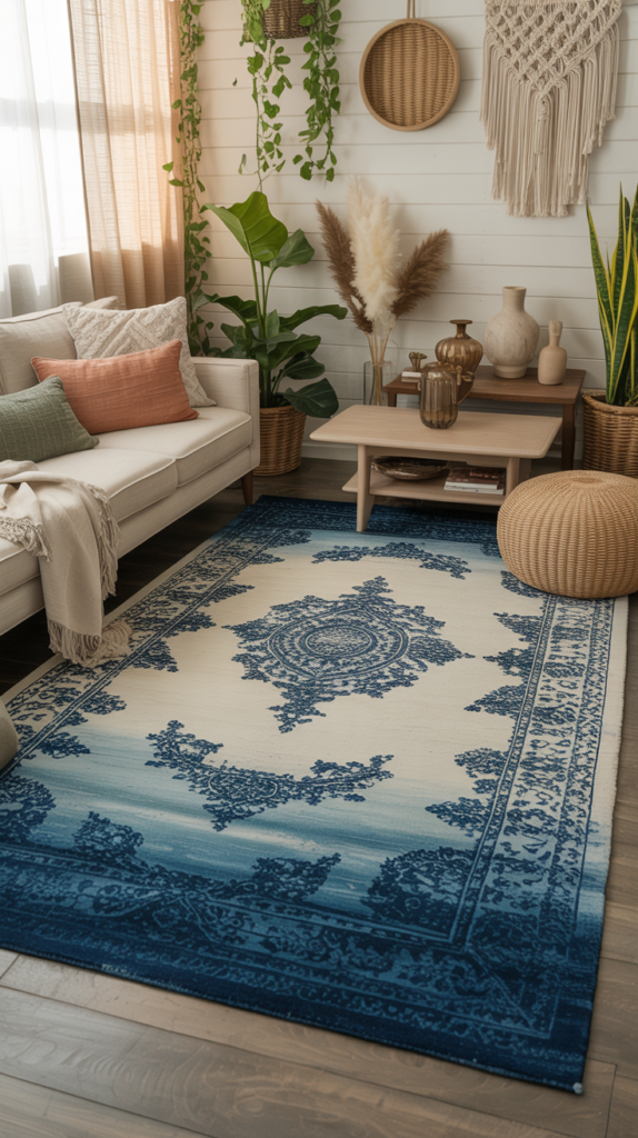 Sapphire blue faded boho rug in a cozy living room with neutral sofa, wood furniture, and natural light.