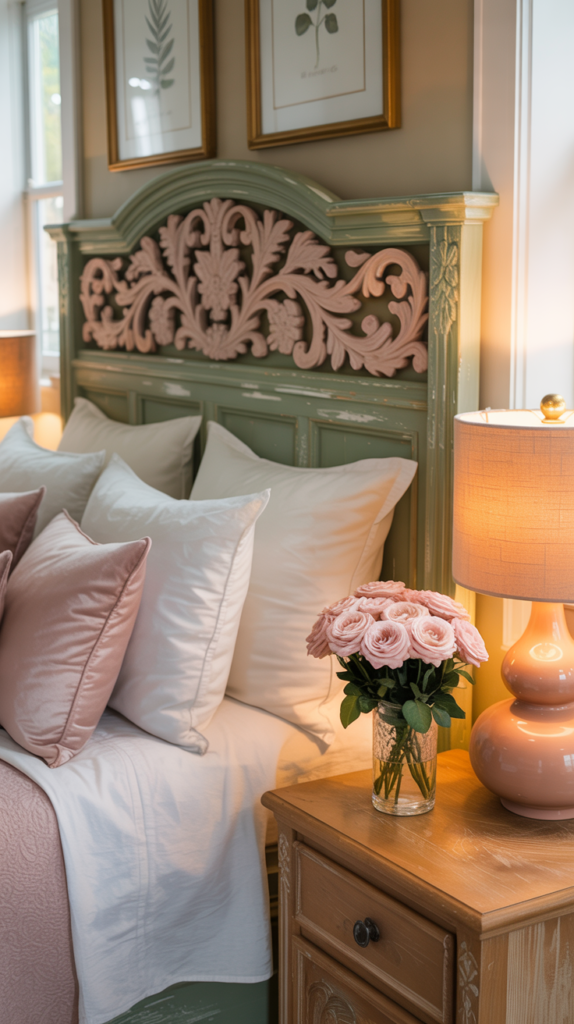 Sage green carved headboard with blush pink floral details styled in a cozy rustic bedroom.