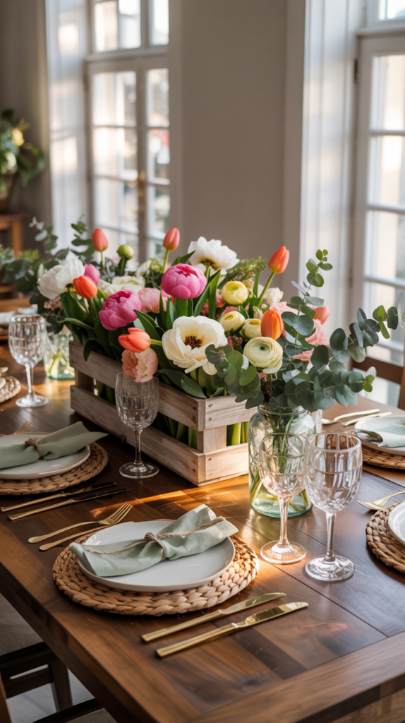Spring table centerpiece styled with a wooden flower crate filled with fresh flowers on a luxury, well-decorated dining table.