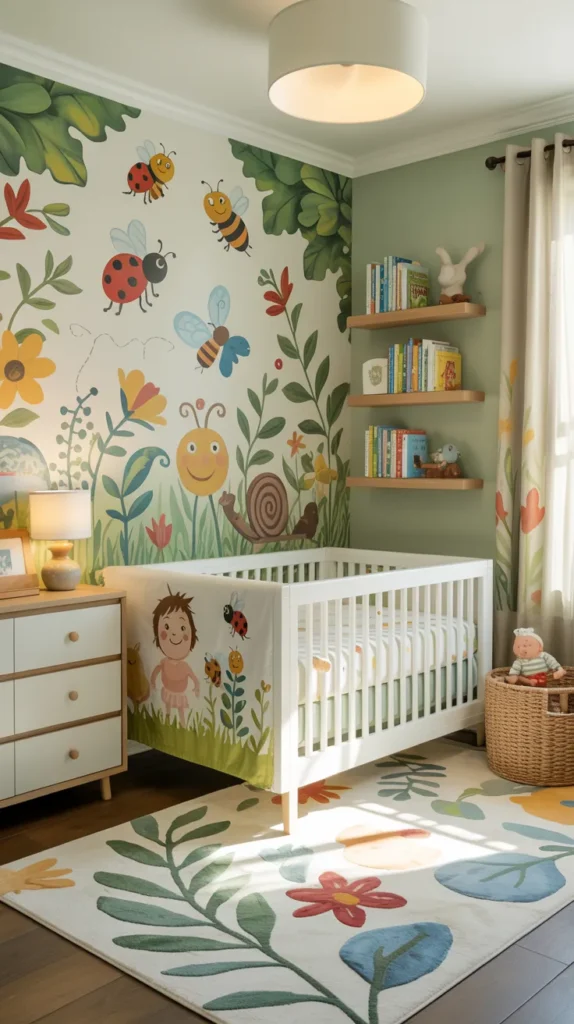 Fully furnished happy bugs and garden baby boy nursery with illustrated insects, white crib, dresser, woven baskets, and cheerful garden decor.