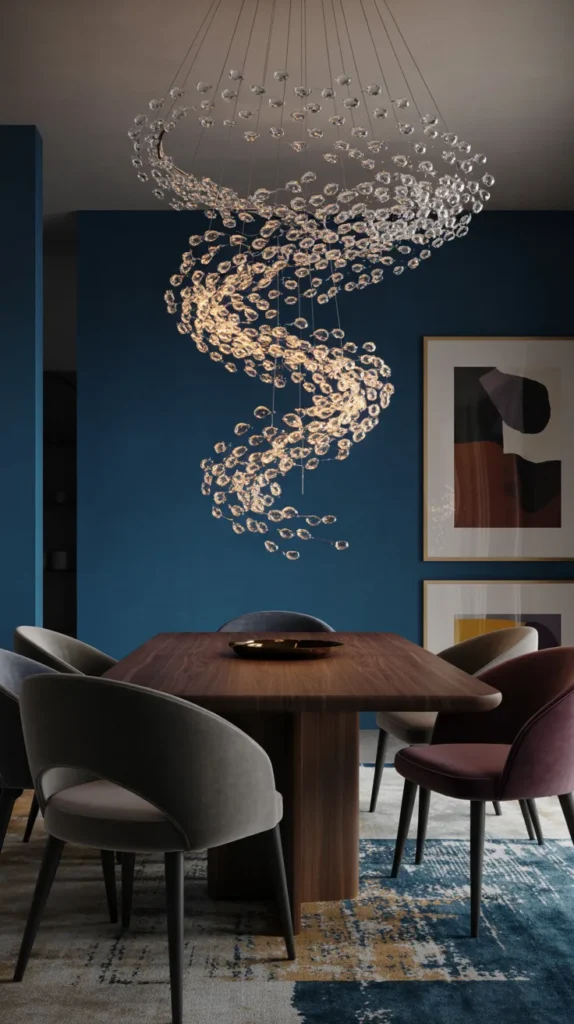 Elegant dining room with glass droplet spiral chandelier, rich wall colors, and a sophisticated modern luxury design.