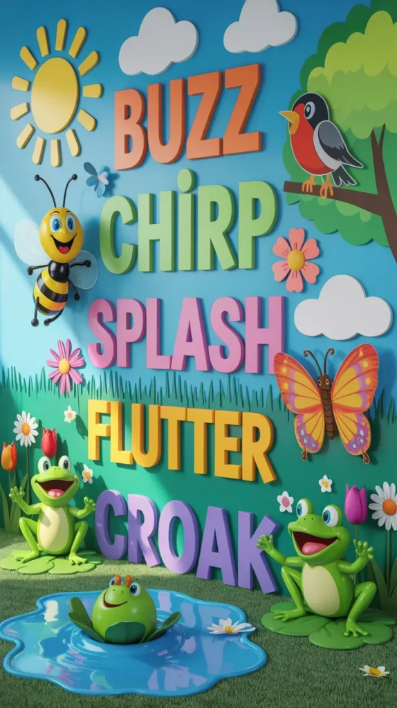 Spring sound wall in a kindergarten classroom featuring words like buzz, chirp, and splash with colorful spring animals and nature visuals.