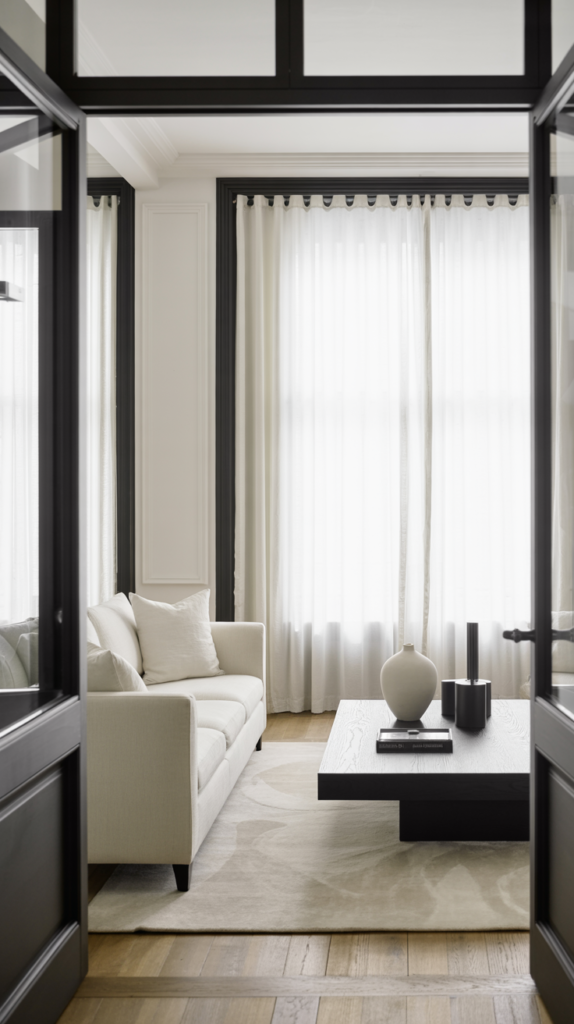 A soft white living room with black trim feels bright, elegant, and beautifully structured. White walls and furniture keep the space open and airy, while crisp black trim around windows, doors, or shelving adds definition and contrast that makes everything feel intentional.
The black trim acts like a frame for the room, highlighting its architecture and giving it a tailored, almost Parisian feel. Even simple furniture looks more refined when it’s outlined by bold, clean lines, creating a balance between softness and structure.
This style is perfect for anyone who loves a calm, minimal look but still wants depth and character. The mix of soft white surfaces and sharp black accents creates a living room that feels timeless, polished, and effortlessly chic.