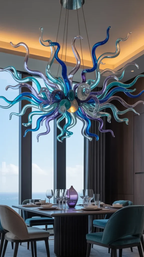 Modern luxury dining room with a colorful handblown glass chandelier featuring sculptural flowing glass elements and an artistic upscale aesthetic.