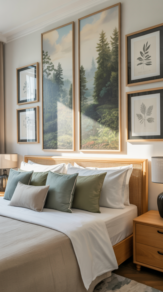 Layered nature-inspired wall art with forest panels and botanical frames above a bed in a calm, refined bedroom.