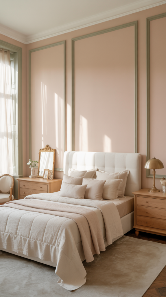 Pink art prints on sage green walls in a modern, upper-middle-class bedroom.