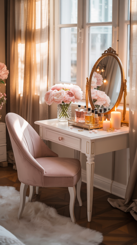 Girly vanity corner with a gold mirror, blush chair, perfume tray, and candles in a chic, feminine apartment.