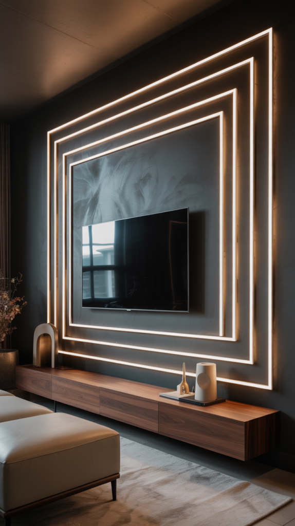 LED frame-within-a-frame media wall with a wall-mounted TV, glowing geometric light panels, and a sleek floating console in a modern living room.