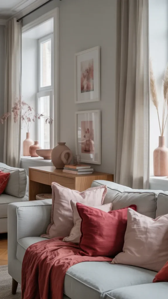 Soft grey living room styled with dusty red and blush accents for a light, elegant, and welcoming look.