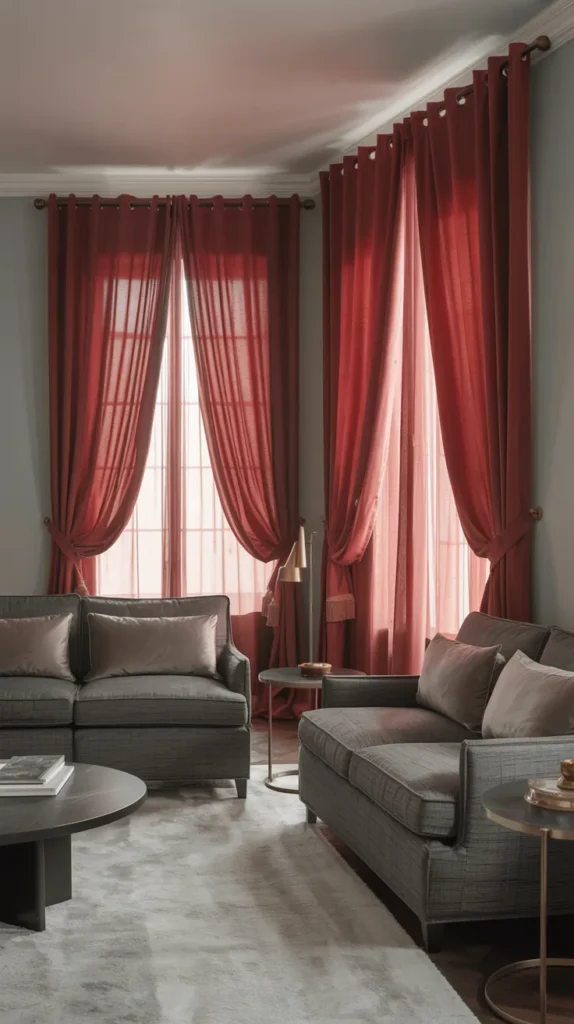 Grey living room framed with red curtains for a dramatic yet balanced and elegant design.