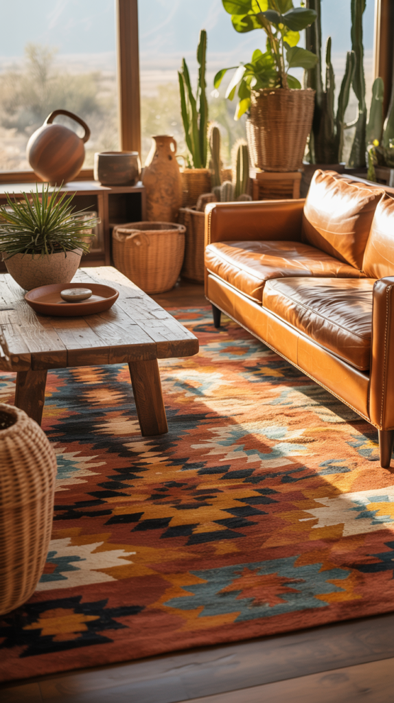 Southwestern boho rug with warm terracotta and dusty blue patterns in a cozy living room with leather sofa, wood furniture, and plants.