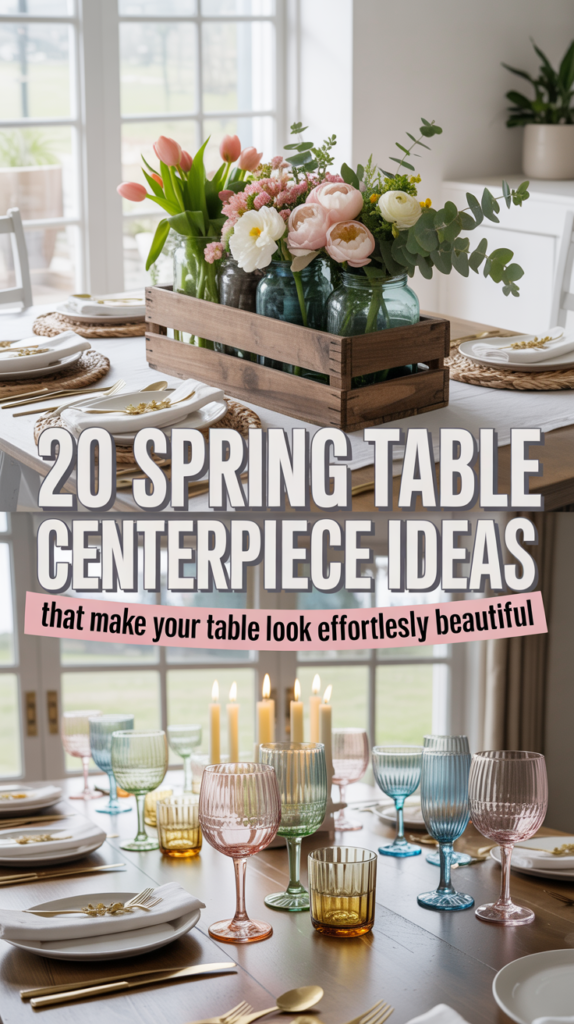 Horizontal collage of spring table centerpiece ideas featuring a flower market crate centerpiece and pastel glassware styled on elegant dining tables.