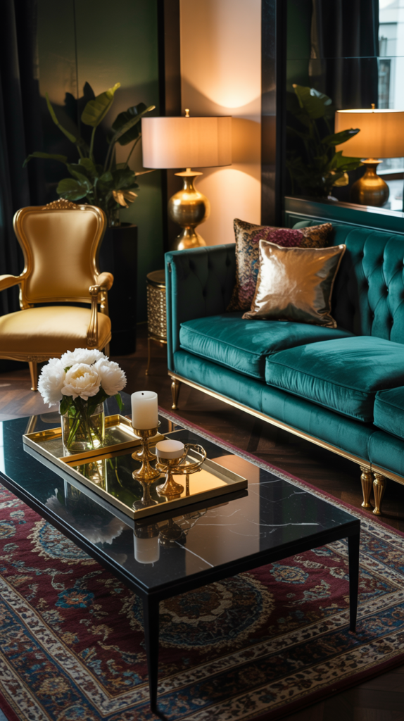 Emerald velvet sofa styled with a gold-framed accent chair in a luxurious hotel-style living room.