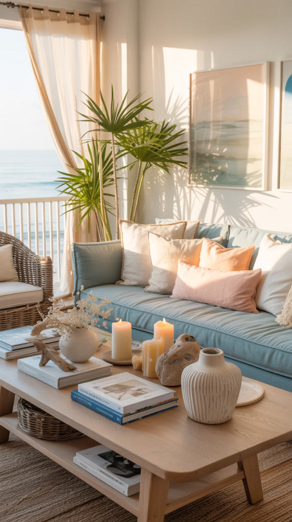 Pastel coastal living room with a powder-blue sofa, peach and cream pillows, rattan chairs, styled coffee table, and soft sunlight in an elegant seaside-style home.