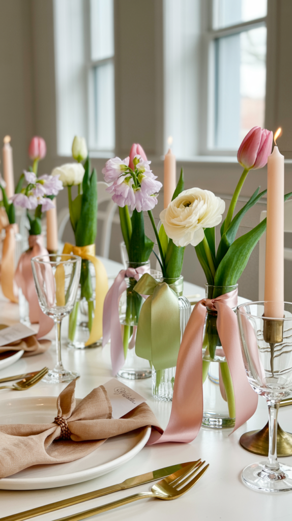 Ribbon-tied bud vases arranged as a spring table centerpiece on a beautifully decorated dining table.