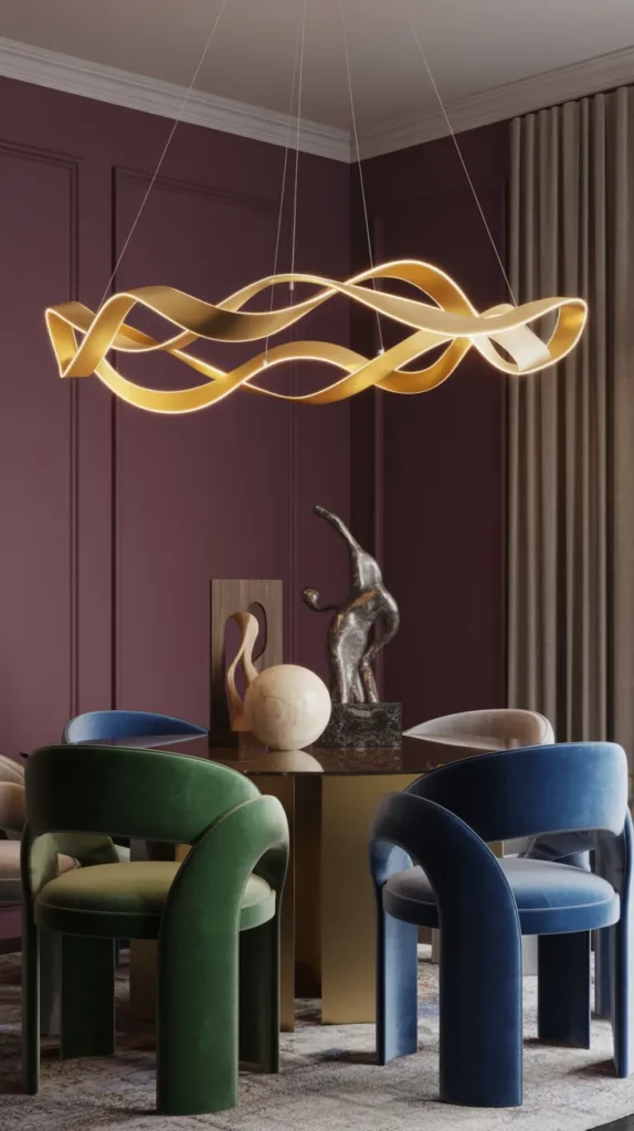 Luxury dining room with twisted ribbon gold LED chandelier, colorful decor, and an elegant modern upscale atmosphere.