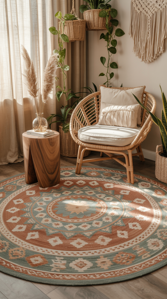 Shaggy boho rug with soft high-pile texture in a cozy bedroom or living room with warm lighting and layered textiles.